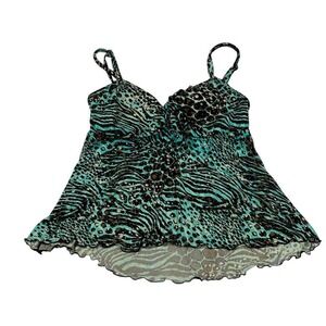Turquoise & Black Animal Print Tankini Top by Maxine of Hollywood - Large
